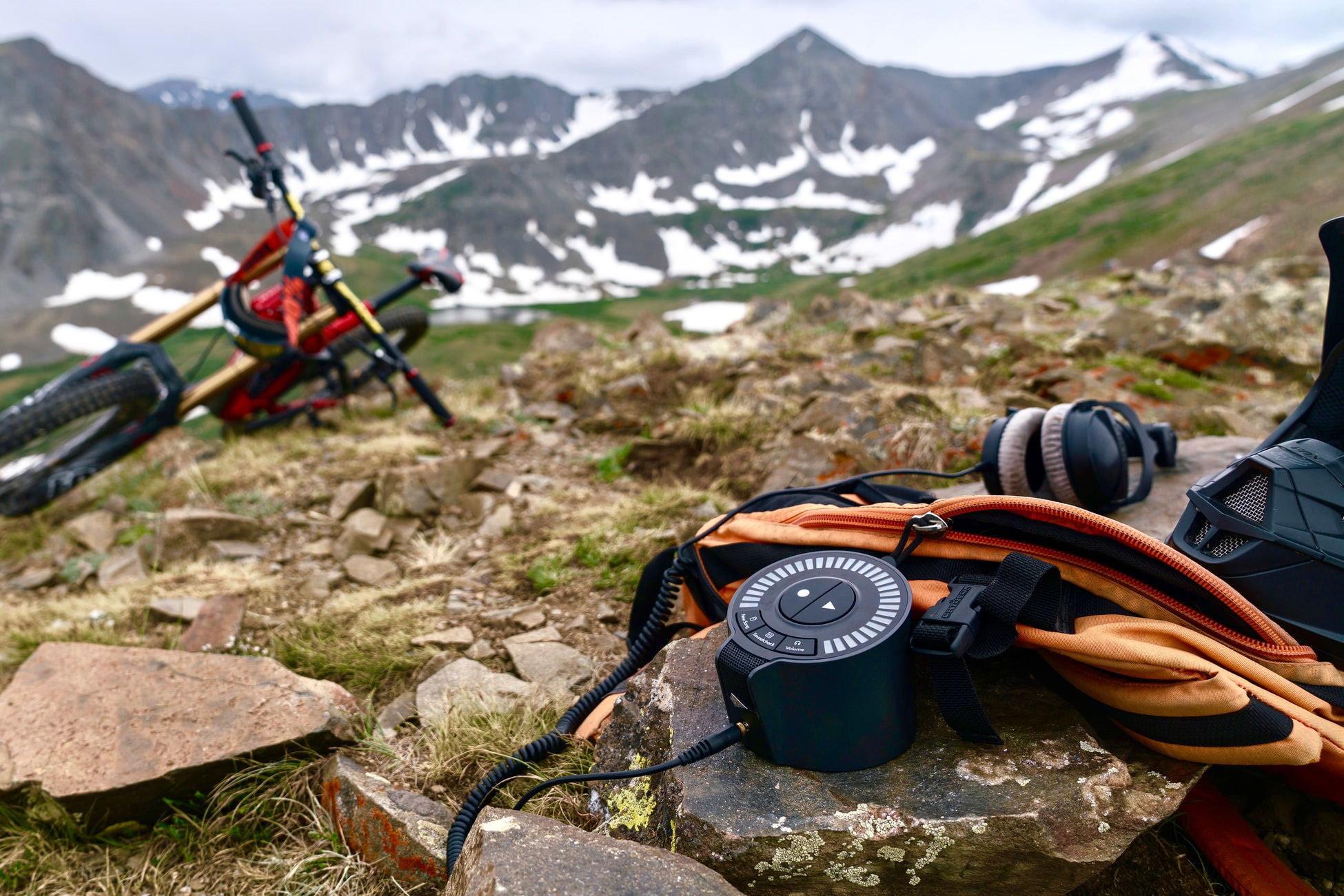 Bicycle on a mountain in Breckenridge with snow on the mountain peaks